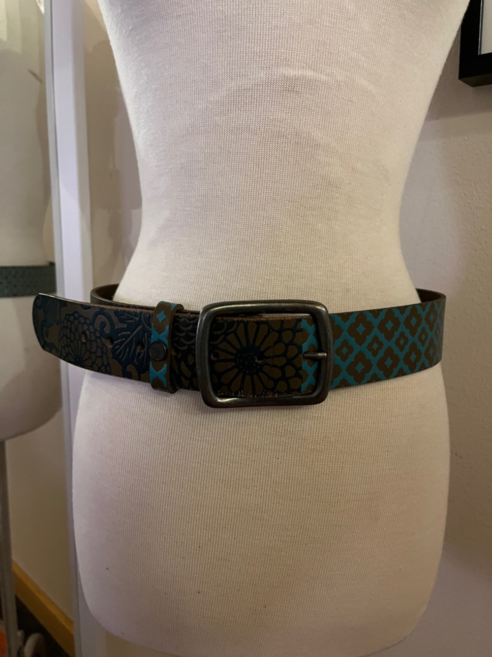Turquoise and Brown Patterned Leather Belt by Prana